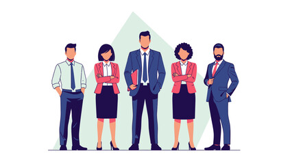 A diverse team of five professionals standing confidently together, representing business and collaboration.