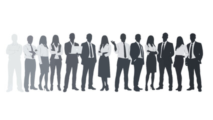 A diverse group of business professionals standing in a line, showcasing teamwork and corporate culture.