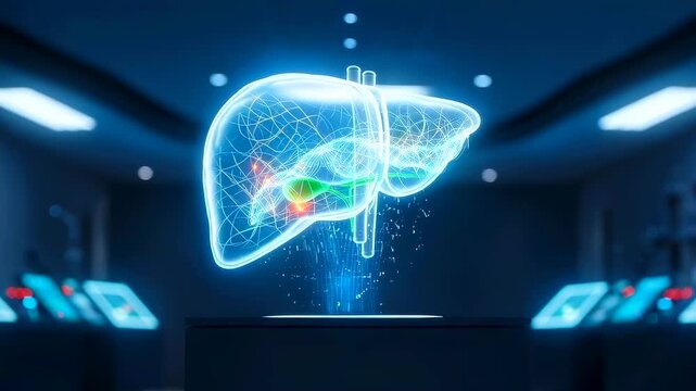 Holographic liver projection hovering over lab pedestal inside research facility with glowing grid, mesh organ model showcases vessels and bile ducts for biotech demonstration and education.
