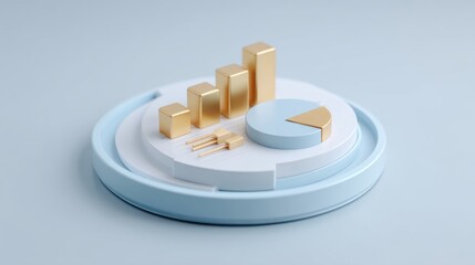 Modern 3D Financial Chart Design with Gold Elements Displaying Growth Trends and Data Analysis on Soft Blue Background