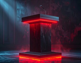 Lit podium with microphone, in shadowy room, glowing red edges