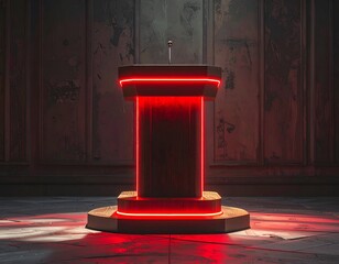 A futuristic podium with neon red accents, against a grunge background