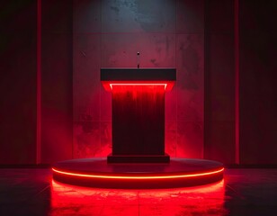 Red-lit podium in a dark concrete room, awaiting a speaker