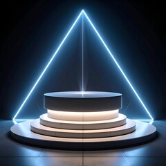 Illuminated stage, glowing triangle, in dark space, futuristic