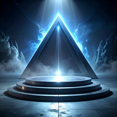 Futuristic stage lit by a glowing pyramid in a celestial, stormy scene