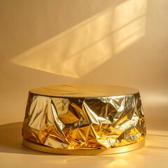 Golden stage draped with shiny crumpled material against a beige backdrop