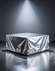 Cube draped in metallic fabric under a spotlight. Shiny surfaces reflect the light