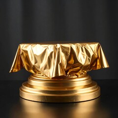 Golden pedestal with draped gold fabric, dark background