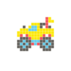 A flat pixel design made of geometric square color blocks on a clean icon layout. Pixel art monster truck © Adpragus