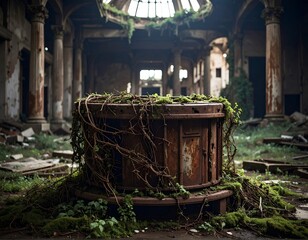 Ruined grand hall, overgrown with vines, a rusty metal structure central