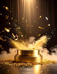 Elegant gold podium scene with confetti, fog, and light beams
