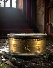 Decayed interior of an abandoned hall with a golden, circular structure