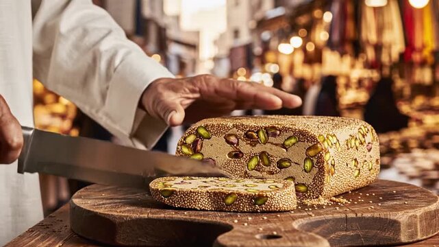 Close Up of Cutting Halva Dessert with Pistachios and Sesame Seeds on Wooden Board in Middle Eastern Market with Sharp