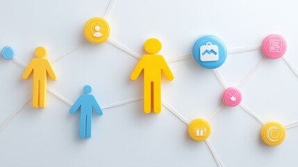Colorful Network Connection of Human Figures with Icons Representing Communication, Business, and Technology Concepts in a Modern Design