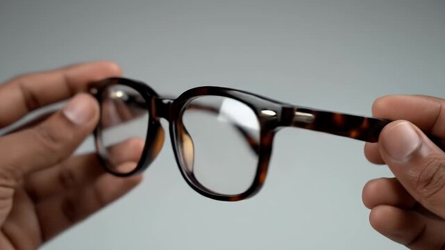 Close-up of Hands Holding Tortoiseshell Glasses Frame on Gray Background with Clear Lenses and Dark Skin Tones for