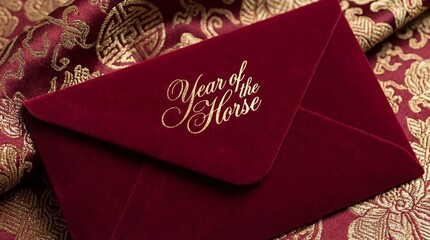 A luxurious red envelope lying on silk fabric with the text "Year of the Horse" embossed in gold foil script, photorealistic 8k macro shot