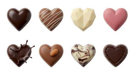 Gourmet Artisan Chocolate Heart Collection Featuring Dark Praline Almond Swirl and Geometric White Cocoa Treats Isolated