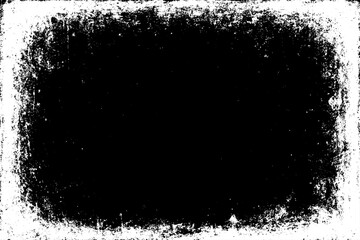 grunge texture frame with rough, distressed black edges surrounding a large blank white center. The border appears worn, splattered, and scratched, resembling ink smudges, paint erosion, and vintage.