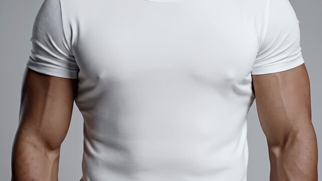 Close-up of Muscular Man in White T-Shirt with defined Arms and Chest Gray Background Gym Fitness Health Advertisement