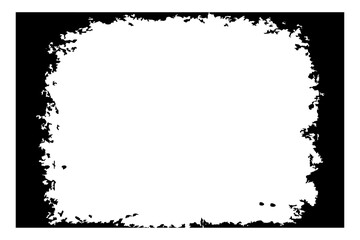 grunge texture frame with rough, distressed black edges surrounding a large blank white center. The border appears worn, splattered, and scratched, resembling ink smudges, paint erosion, and vintage.