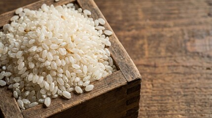 Uncooked Japanese rice in a wooden measurement box, macro grain texture. copy space for text
