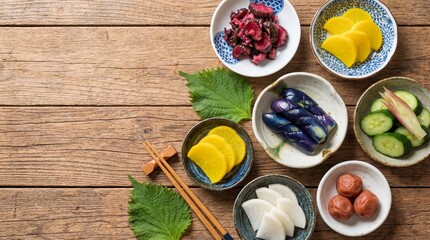A variety of Japanese pickles (Tsukemono) in small dishes, colorful flat lay. copy space for text
