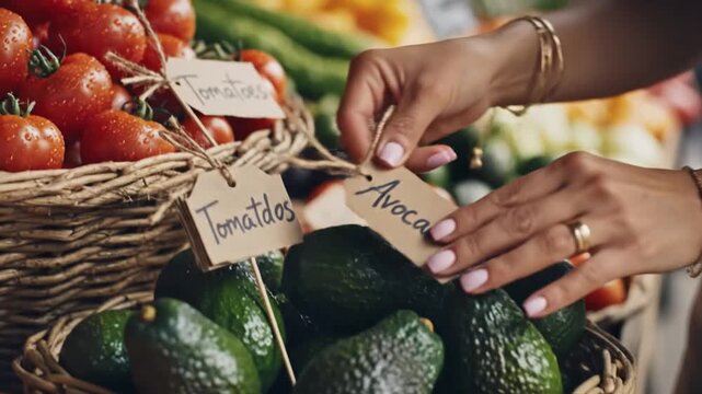 Close Up of Woman's Hands Adding Handwritten Label to Tomatoes at a Vibrant Farmers Market with Natural Lighting and