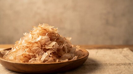 Bonito flakes (Katsuobushi) pile, thin shavings, warm lighting. copy space for text
