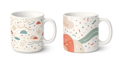 Minimal Ceramic Coffee Mug with Modern Abstract Festive Pattern on Transparent Background