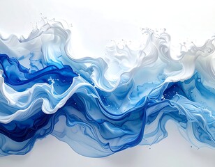 A fluid abstract art piece featuring swirling blue and white waves