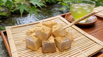 Fresh Wasabi root and grater, green paste texture, rustic wood background. copy space for text
