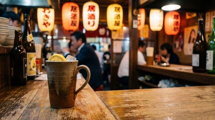 Highball whiskey soda in a mug with lemon, izakaya lantern background. copy space for text
