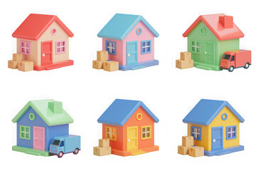 3D House Moving Icons with Boxes and Trucks Cut-out  isolated on transparent background