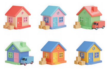 3D House Moving Icons with Boxes and Trucks Cut-out  isolated on transparent background