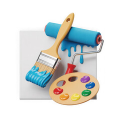 3D Plastic Style Painting Icon Featuring Paintbrush Roller and Palette with Colorful Paints on White Canvas
