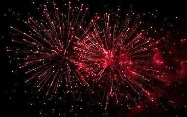 Fototapeta premium Two bright red bursts of fireworks illuminate a dark night sky