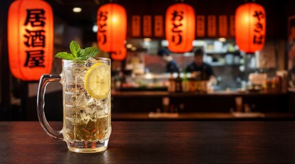 Highball whiskey soda in a mug with lemon, izakaya lantern background. copy space for text
