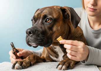 Gentle young woman grooming large brown boxer dog while distracting with small treat biscuit, calm pet sitting patiently on soft towel during at home nail trimming care routine