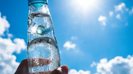 Ramune soda bottle with marble, condensation on glass, blue sky background. copy space for text
