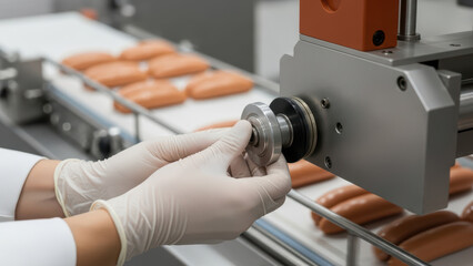 Careful technician in gloves adjusting metal part on automated conveyor line with packaged sausages in modern food processing factory ensuring quality control