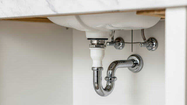 Leaking kitchen sink drain pipe under countertop with exposed plumbing, damaged p trap connection, and visible water drip requiring repair and maintenance by homeowner or professional plumber