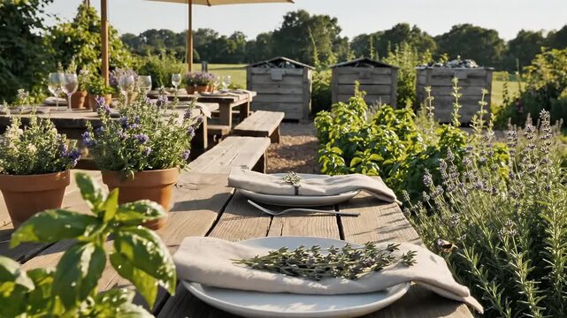Farm to Table Dining Area with Wooden Picnic Tables and Garden View Under Cream Parasols in Rural Setting, Rustic