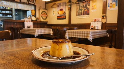 Purin custard pudding with caramel sauce, glossy texture, retro cafe style. copy space for text
