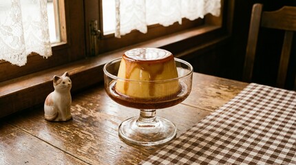 Purin custard pudding with caramel sauce, glossy texture, retro cafe style. copy space for text
