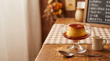 Purin custard pudding with caramel sauce, glossy texture, retro cafe style. copy space for text
