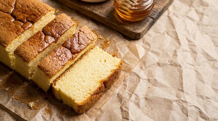 Castella sponge cake slices, golden brown top, rustic paper background. copy space for text
