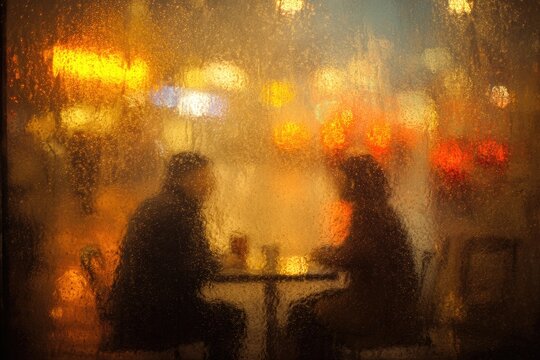 Silhouettes of two people at a table, blurred by rain-streaked window