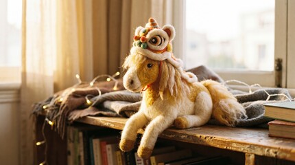 A fluffy majestic horse doll made of felt texture, wearing a lion dance headpiece, soft focus, warm lighting, cozy atmosphere.