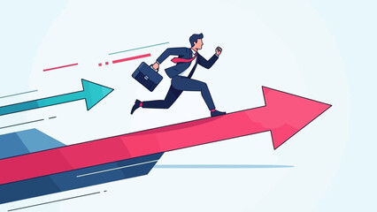 A businessman in a suit runs uphill on a red arrow, symbolizing career growth and success.