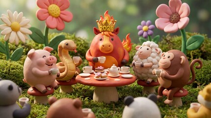 Obraz premium A group of round, bouncy zodiac animals having a tea party, with the Fire Horse in the center wearing a crown that says 